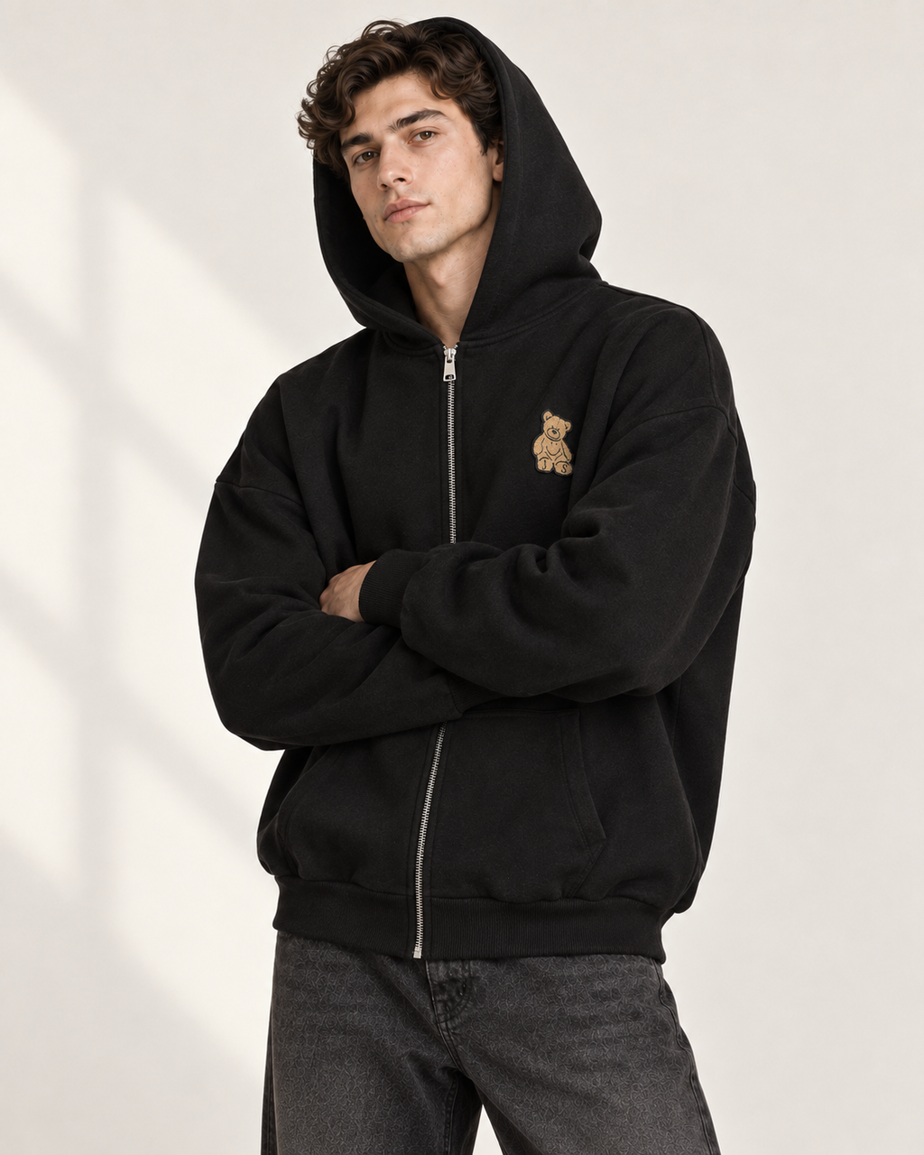 BLACK ZIP UP BEAR HOODIE