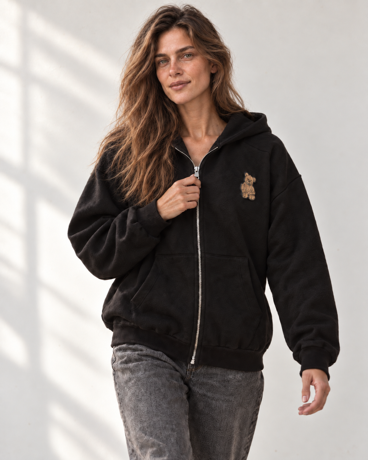 BLACK ZIP UP BEAR HOODIE