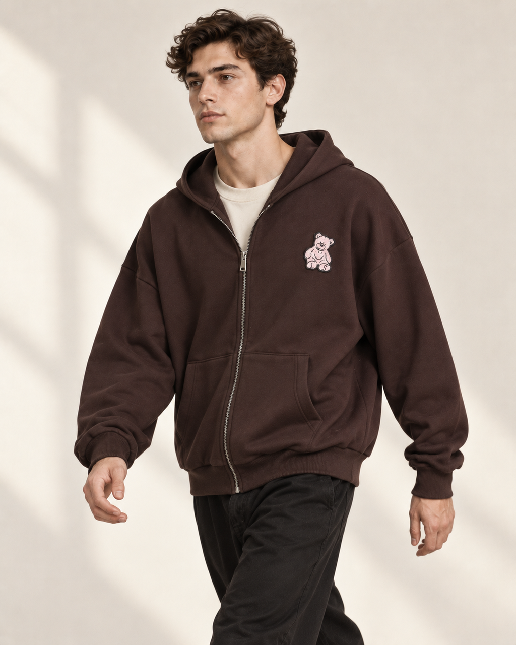 BROWN ZIP UP BEAR HOODIE