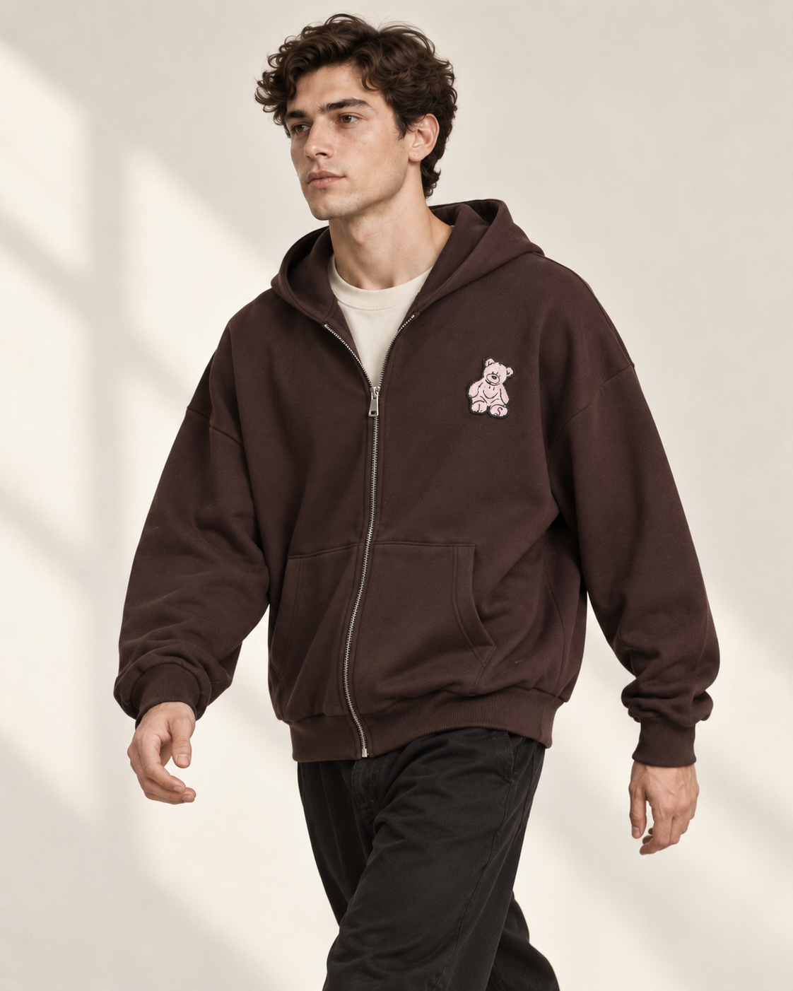 BROWN ZIP UP BEAR HOODIE