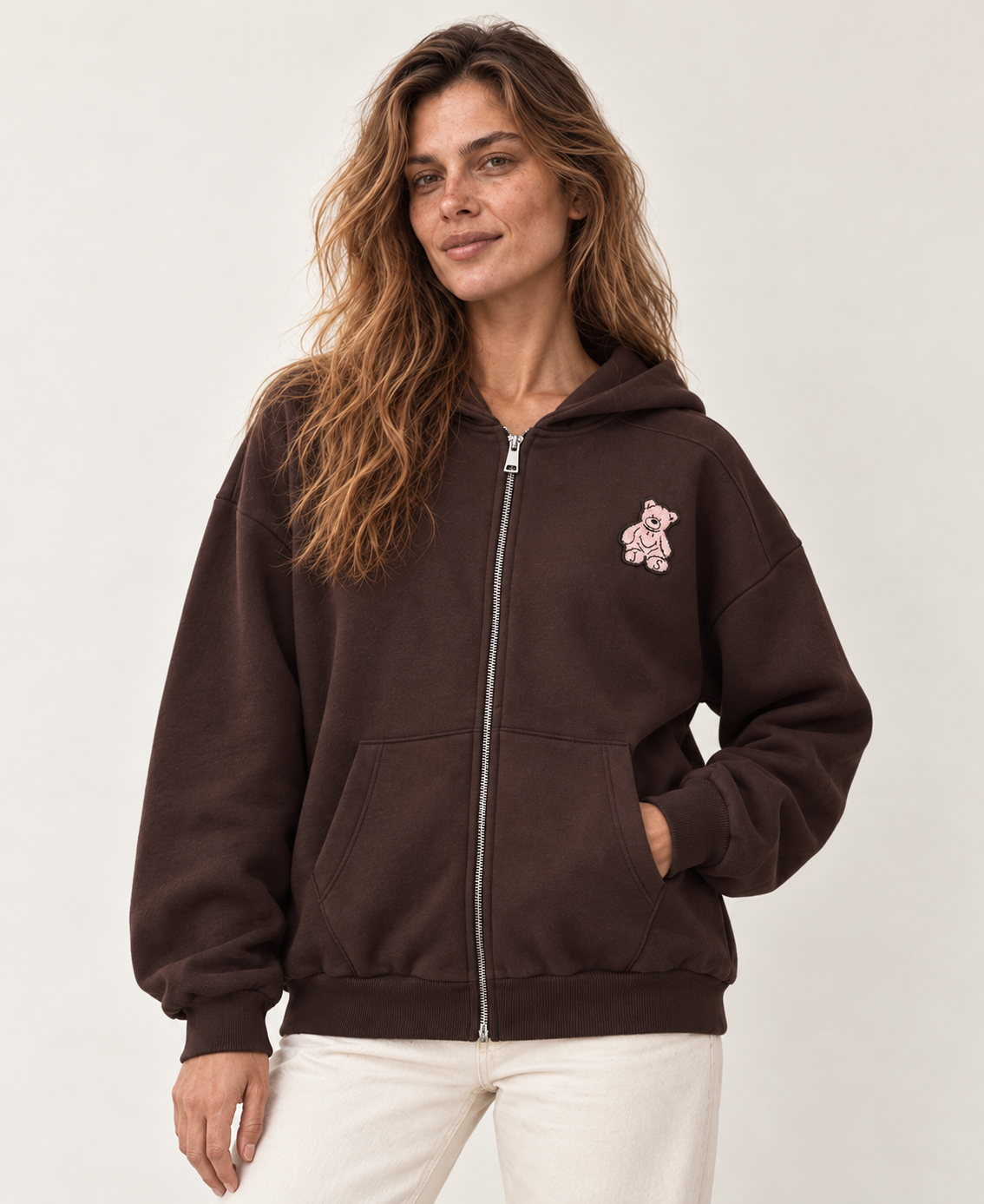 BROWN ZIP UP BEAR HOODIE